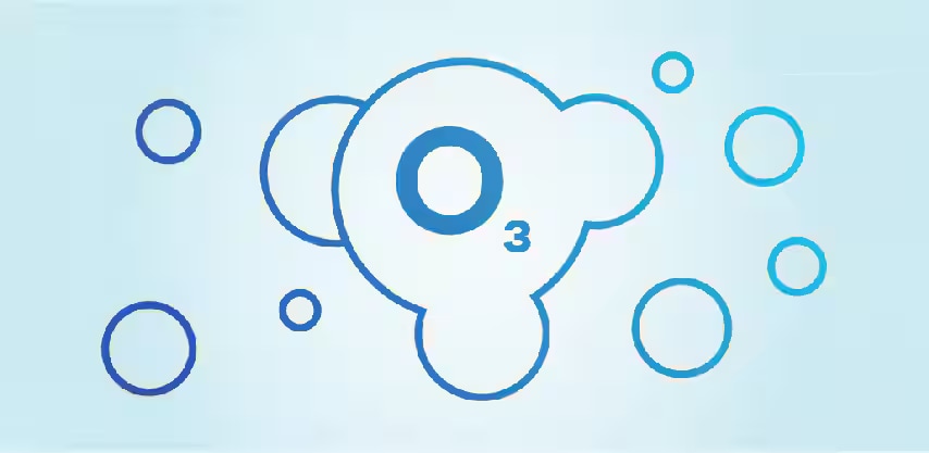 Image of an ozone molecule in blue, on a light blue background
