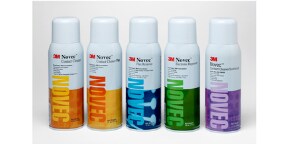 Group shot of the five colourful 3M Novec Aerosol spray cans. 
