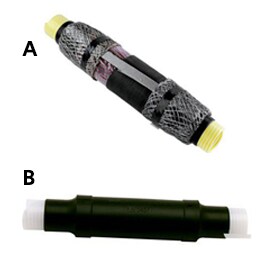Photo of 2 3M medium voltage splices marked by letters A and B. A is a 3M Cold Shrink QS4 Splice. B is a Cold Shrink QS-III splice