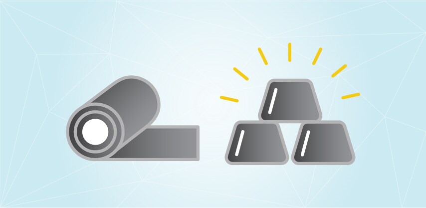 Image of a rolled metal sheet on the left & three stacked metal ingots emitting yellow rays on the right
