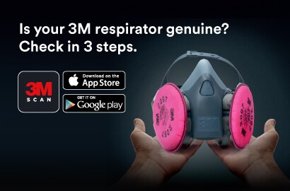 Instructional graphic illustrating steps to verify authenticity of a 3M product using 3M Scan App
