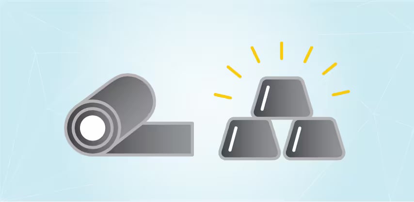 Image of a rolled metal sheet on the left & three stacked metal ingots emitting yellow rays on the right
