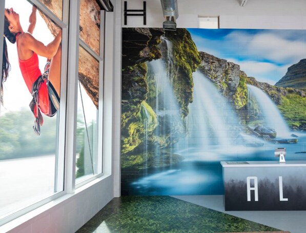 Graphics applied to a window and wall