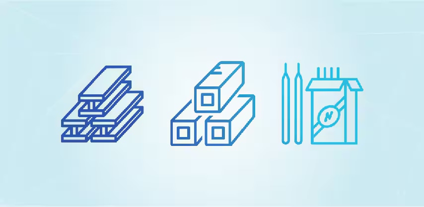 Image of stacked metal bars, square beams, and a welding electrode box
